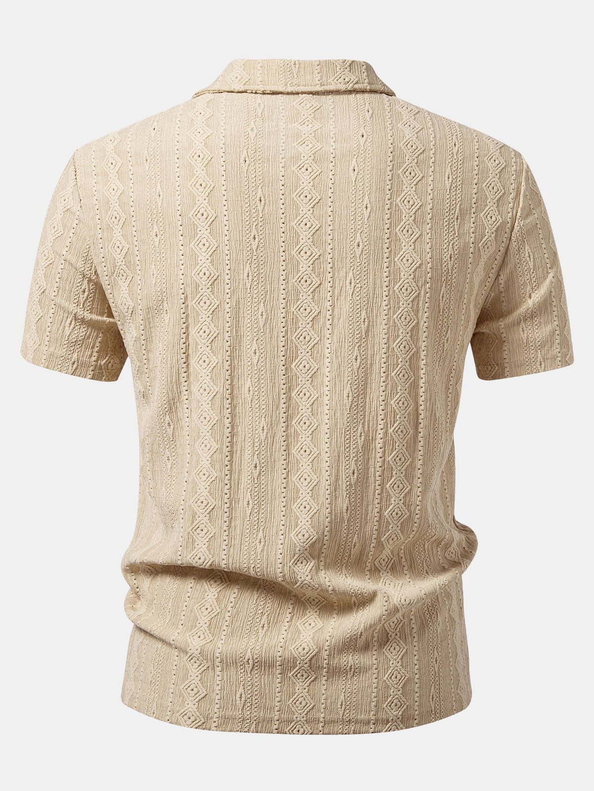 Beige geometrinen jacquard-pikeepaita takaa