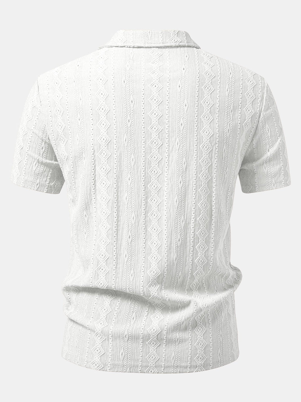 Valkoinen geometrinen jacquard-pikeepaita takaa