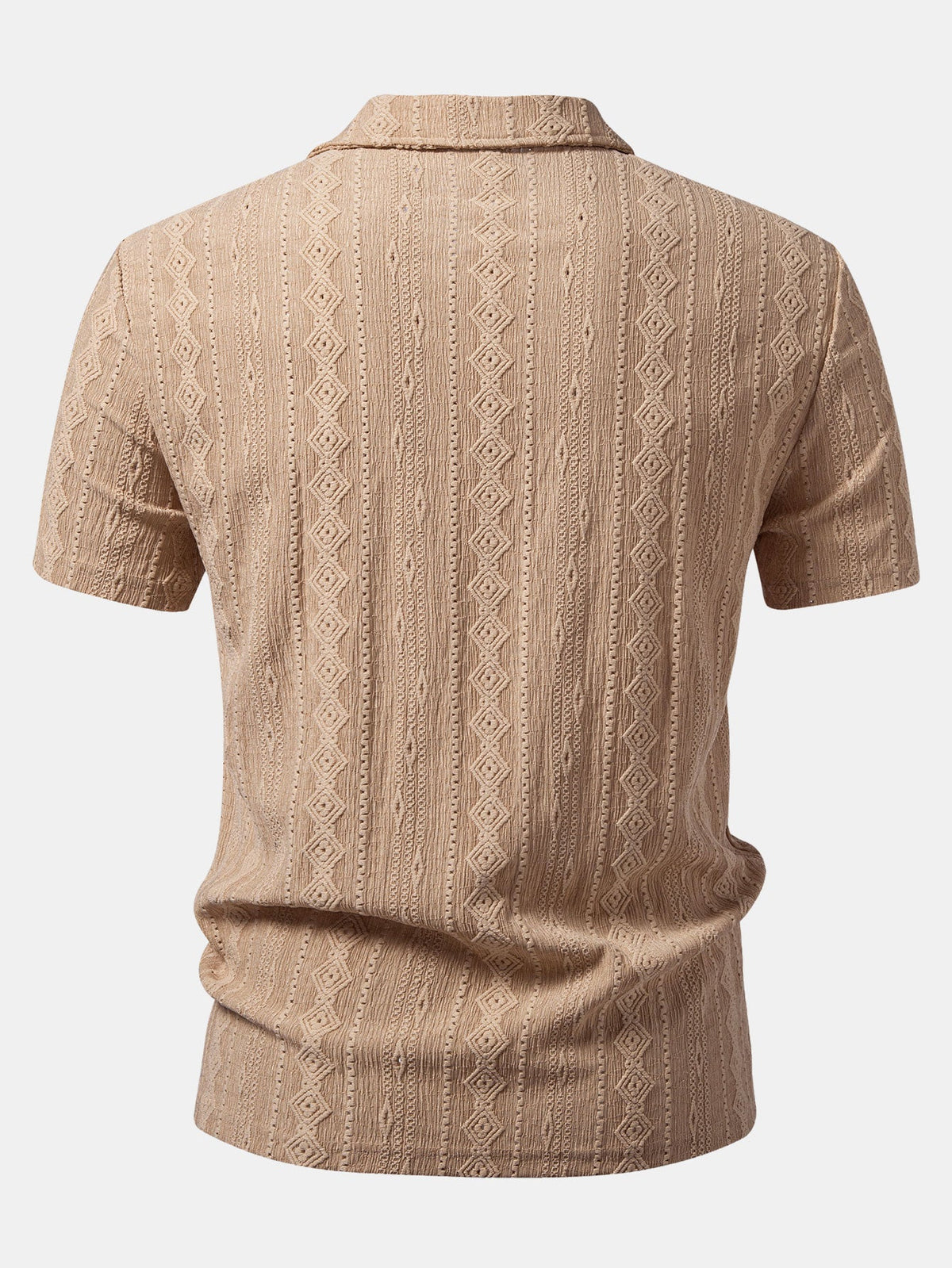 Vaaleanruskea geometrinen jacquard-pikeepaita takaa