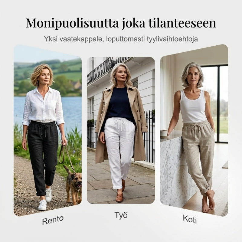 Naisten joustavavyötäröiset puuvilla-pellavahousut