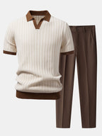 Beige teksturoitu pikeepaita Johnny-kauluksella ja slim fit -housut aikuisen mallin yllä