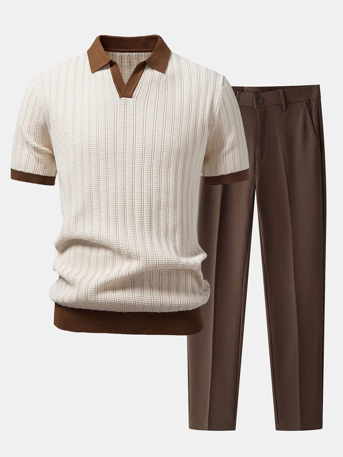 Beige teksturoitu pikeepaita Johnny-kauluksella ja slim fit -housut aikuisen mallin yllä