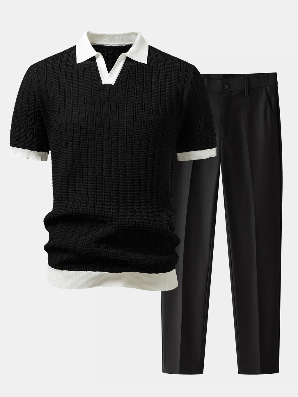 Musta teksturoitu pikeepaita Johnny-kauluksella ja slim fit -housut aikuisen mallin yllä