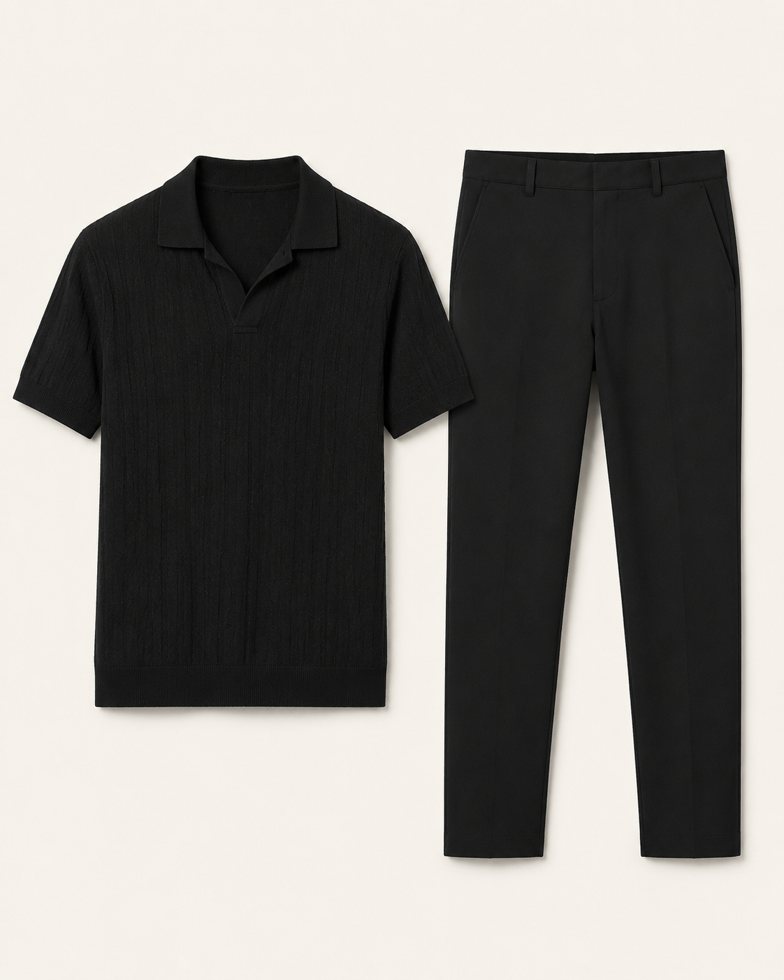 Musta teksturoitu Johnny-kauluksinen pikeepaita ja slim fit -housut teknisessä tuotekuvassa