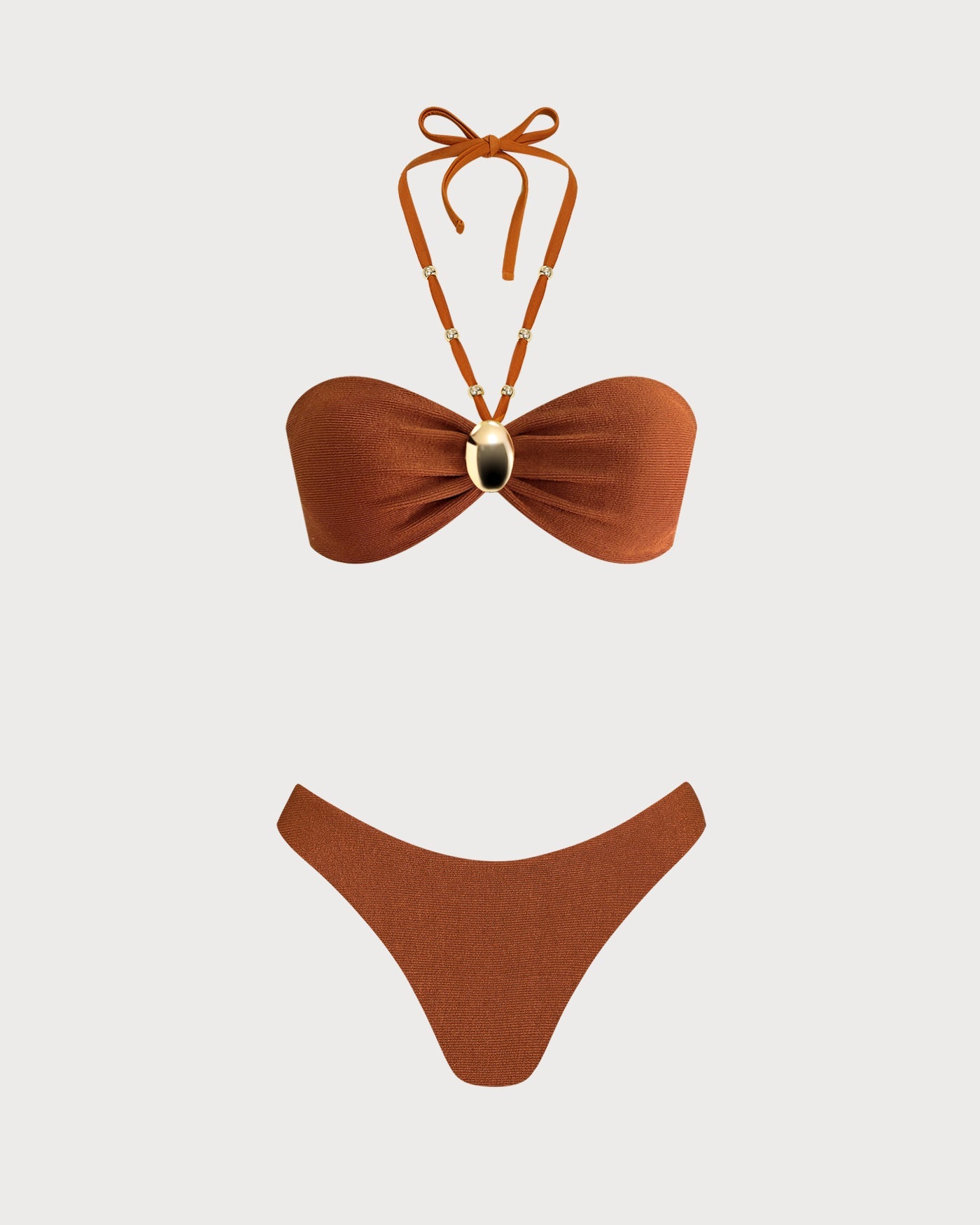 Ruskeat struktuuripintaiset bandeau-bikinit halterneck-nauhalla, tekninen etukuva